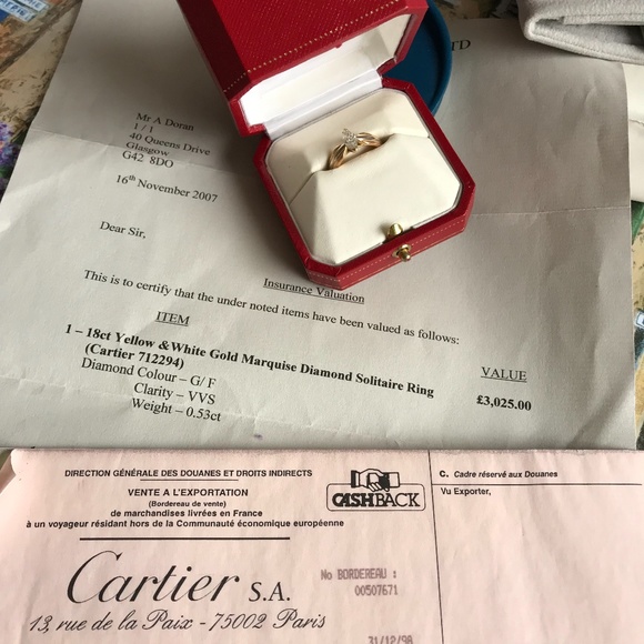 Cartier Diamond Marquis Solitaire Engagement Tri Gold Ring EUC - Picture 3 of 9